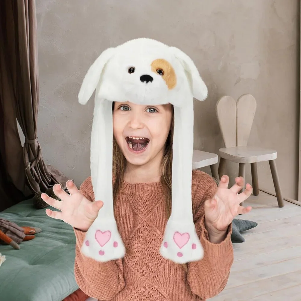 Kids Puppy Animal Hat with Ears Moving Jumping Pop Up Beating Plush Holiday